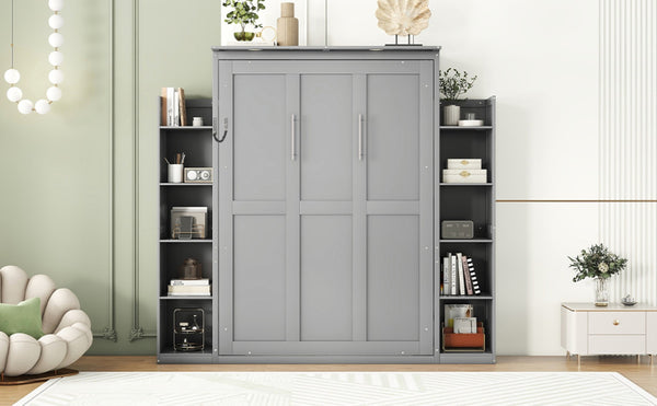 English Elm Full Size Murphy Wall Bed with Led Lighting Side Storage Cabinets and Slatted Support Gray LP000694AAE-1