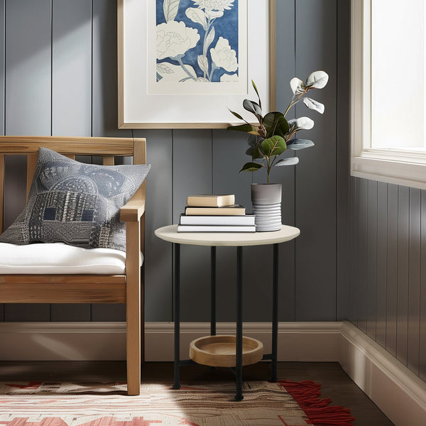 JLA Home Madison Park - End Table with Round White Top, Black Metal Legs & Natural Lower Shelf — Modern Compact Storage Accent MP120-1098