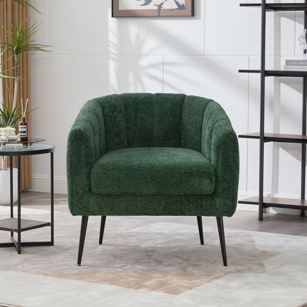 English Elm 29.9'' Modern Upholstered Chenille Vanity Barrel Accent Chair with Channel Tufting and Metal Legs, Cozy Foam Seat for Living Room, Bedroom, Office — Stylish Compact Lounge Seat Green W3118P328899