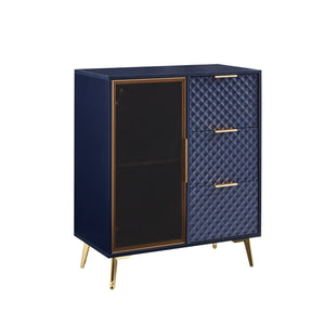 English Elm Deluxe Modern Carved Chest of Drawers with Tempered Glass Doors, 3 Drawers + 2 Compartments, Sleek Metal Legs Dark Blue W1162P295365