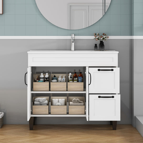 English Elm 39.4-inch White Bathroom Vanity with Sink Soft Close Doors Deep Drawers Black Hardware W3151S00076