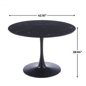English Elm 42.1" Round Marble Look Pedestal Dining Table Mid Century Modern Seats Six Black W234P453954