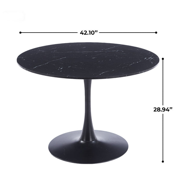English Elm 42.1" Round Marble Look Pedestal Dining Table Mid Century Modern Seats Six Black W234P453954