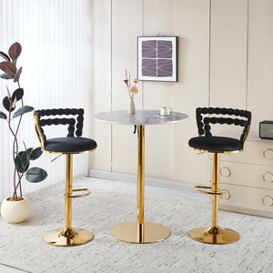English Elm Modern Marble-Patterned Bar Table Set with 2 Adjustable Stools, Luxe Gold-Finish Bases, Compact Chic Gold+Black W234S00134