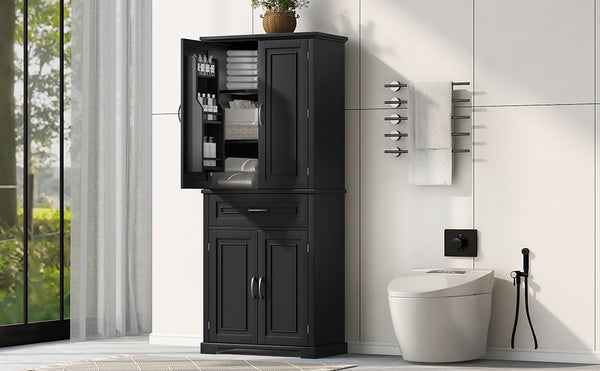 English Elm Bathroom Tall Storage Cabinet with Doors and Drawer, Adjustable Shelf, Anti-Tip Safety, MDF Finish Black N725P210330B