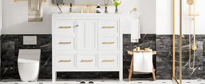 English Elm 36'' Bathroom Vanity with Resin Sink, Solid Wood Frame, 5 Drawers, Soft-Close Doors, Gold Knobs, Spacious Storage White SW000142AAK-1