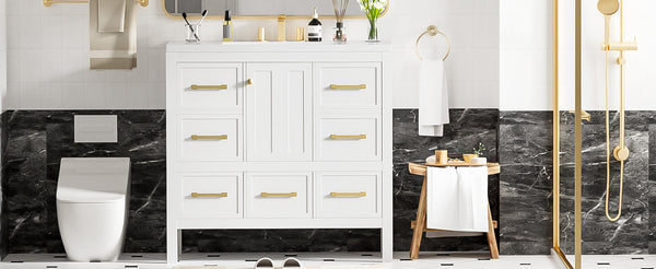 English Elm 36'' Bathroom Vanity with Resin Sink, Solid Wood Frame, 5 Drawers, Soft-Close Doors, Gold Knobs, Spacious Storage White SW000142AAK-1