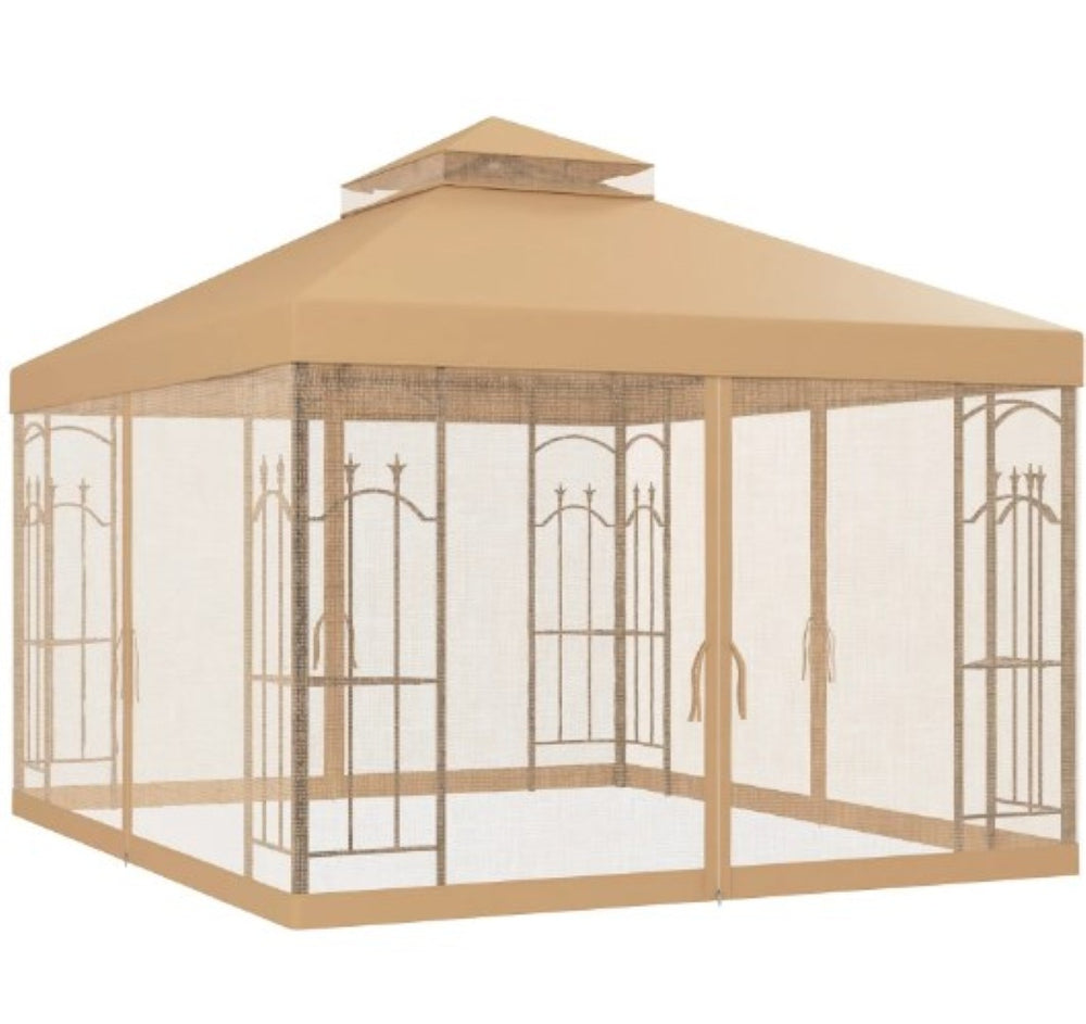 English Elm Outdoor Double Roof Gazebo with Mesh Netting Corner Shelves and Steel Frame T3971P426876