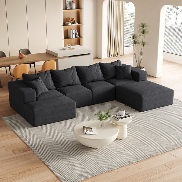 English Elm Modern Upholstered Sectional Sofa Set Modular 132" L-Shape Chenille Couch with 6 Pillows, No-Assembly Comfort and FlexibilityReadable? Black W834S00500