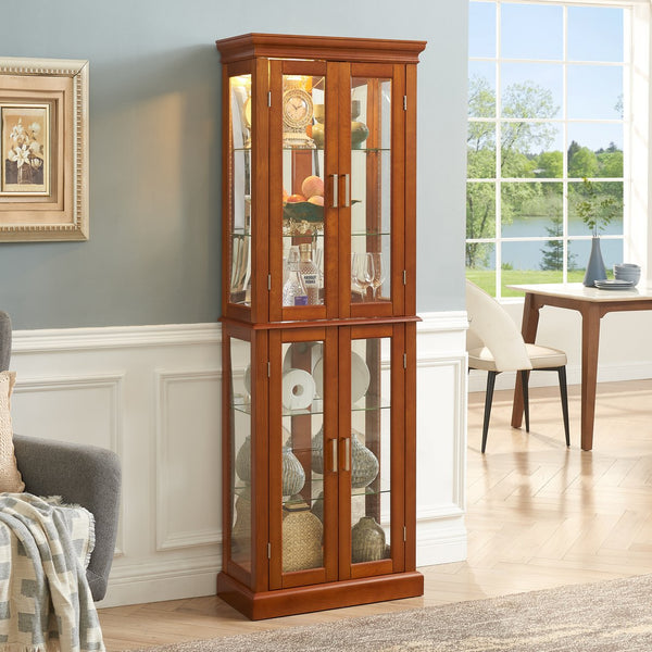 English Elm Curio Display Cabinet with Internal Lighting, Mirrored Back, 6 Adjustable Shelves, Glass Doors Walnut W1693P154578