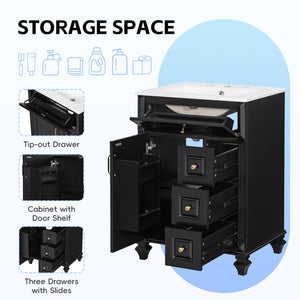 English Elm 24 Inch Freestanding Bathroom Vanity Solid Rubberwood Ceramic Sink Matte Finish Storage Black N725P375626B