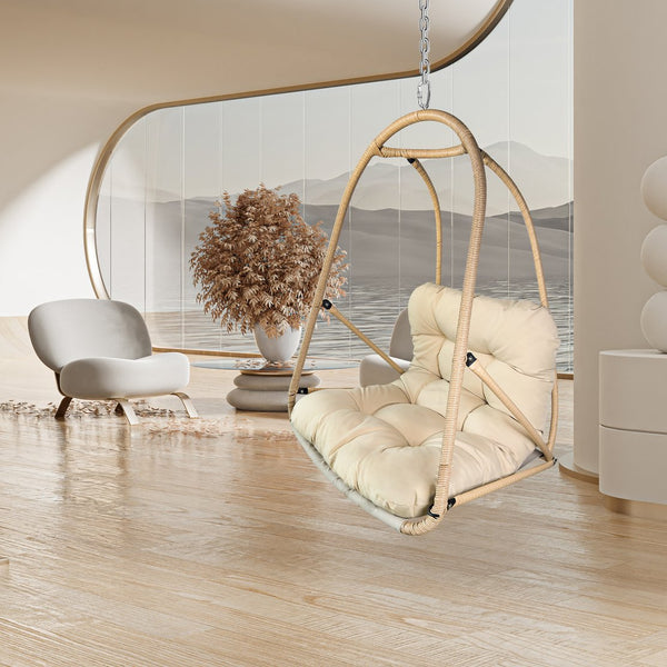 English Elm without Swing Egg Chair Rattan Hanging Patio Basket with C-Bracket, Foldable, Cup Holder, Cushions, Durable Metal Frame Beige+yellow W2707P388602