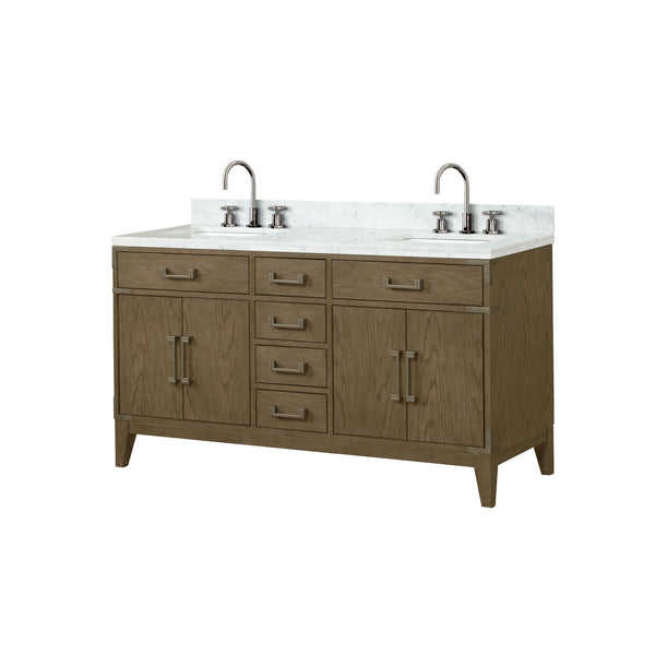 English Elm Grey Oak Double Bath Vanity 60 in with Carrara Marble Top, Chrome Faucet Set, Soft-Close Storage Elegance B2731P259857