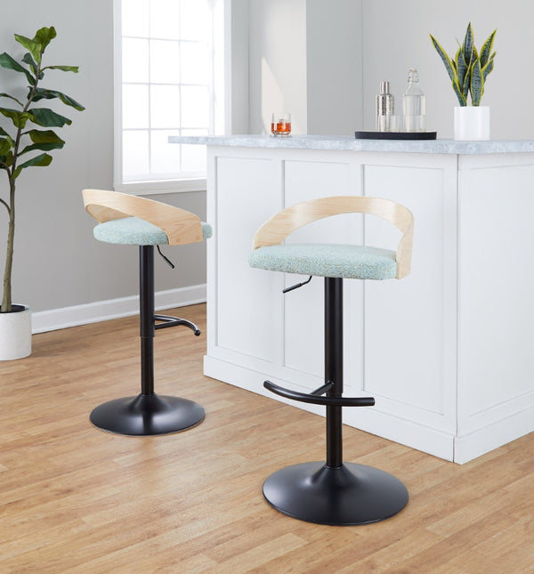 English Elm Adjustable Swivel Barstools Set of 3 Chrome Base Natural Wood Green Fabric Seat B202S02016