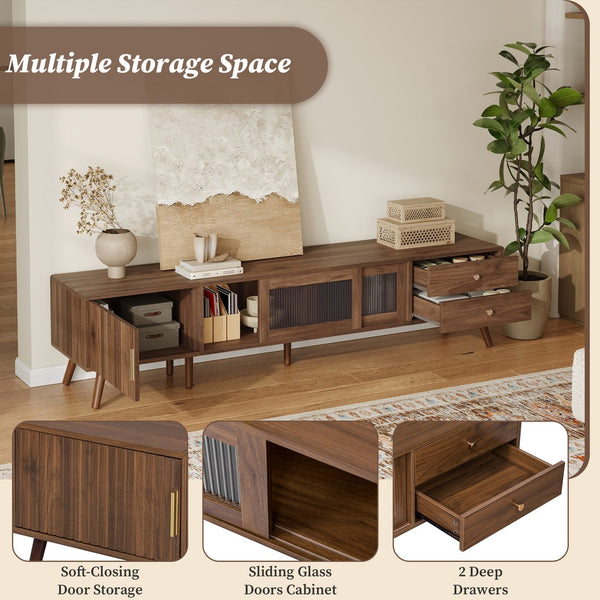 English Elm 76" Modern Minimal TV Stand with Waveform Glass Doors, Soft-Close Drawers, Cable Management, Solid Wood Legs (Fits TVs up to 85") N710P298234P