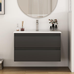 English Elm 32-Inch Wall-Mounted Bathroom Vanity & Ceramic Sink Combo - Soft-Close Drawers, Easy Install! W3151S00046