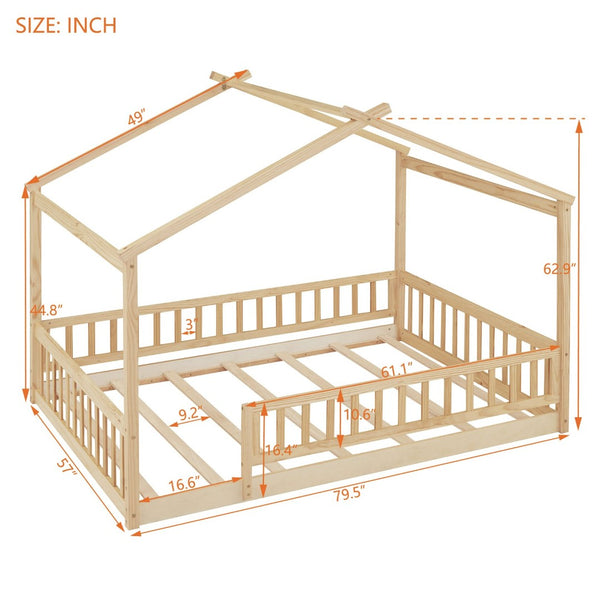 English Elm Full Size Pine Playhouse Bed with Roofline and Fence Rails for Kids Bedroom Natural WF302177AAN