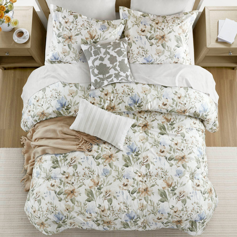 JLA Home Harbor House Blue - 6 Piece Cotton Sateen Print Oversized Comforter Set with Floral Embroidery, 300TC, Oeko-Tex, Plush HH10-1877