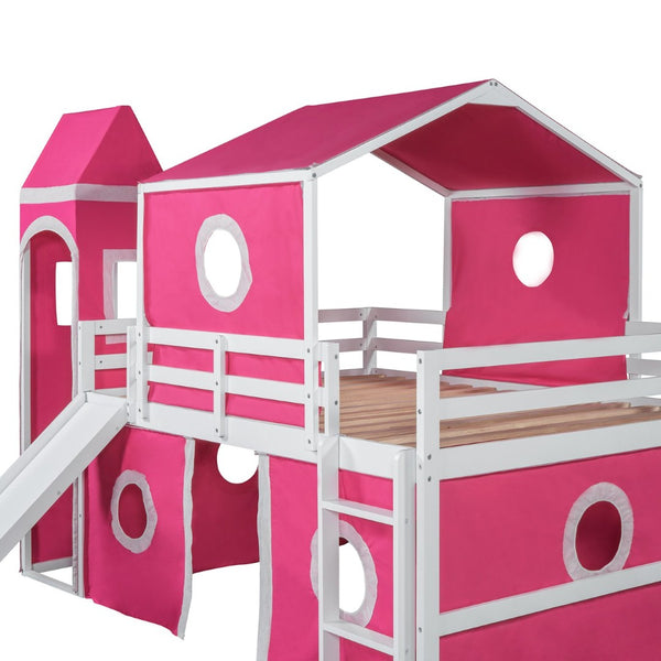 English Elm Full Size Kids Castle Loft Bed with Slide Tent and Tower Pinewood Play Structure LT000771AAH-1