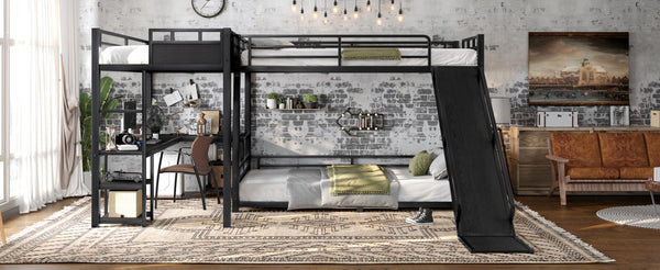 English Elm L-shaped Metal Triple Bunk Bed with Slide Desk Shelves Sleep Study Play Zone W1580S00280