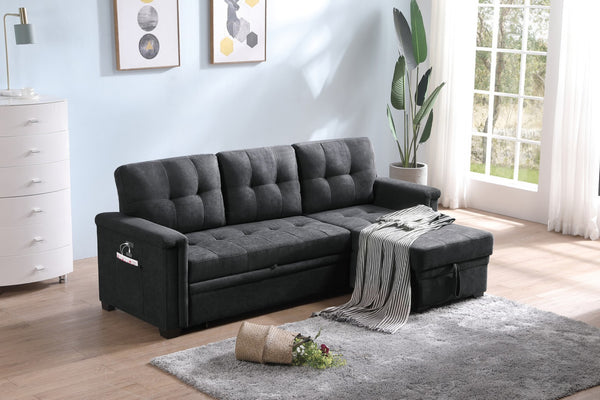 English Elm Aurora Woven Fabric Sleeper Sectional with Usb Charging Storage Chaise Living Room Dark Gray B2749S00179