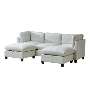 English Elm 96.5" L-shaped Chenille Sectional with Storage Ottoman Eucalyptus Frame Living Room Beige W1097S00284