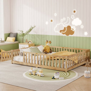 English Elm Queen Rubberwood Floor Bed with Perimeter Fence and Latch Door for Toddler Safety W504P370525