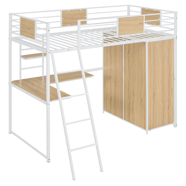 English Elm Twin Loft Bed with L-Shaped Desk and Wardrobe — Space-Saving Iron & Wood Design for Study & Storage White SF000168AAK