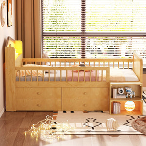 English Elm Low Twin Loft Bed with House-Style Headboard and Built-In LED Lights for Modern Kids' Rooms Natural 42.91 L x 28.35 W x 6.69 H W2593S00007