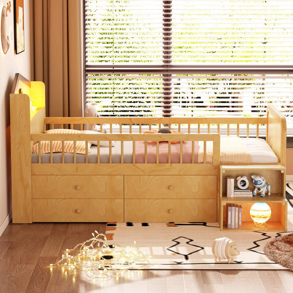 English Elm Low Twin Loft Bed with House-Style Headboard and Built-In LED Lights for Modern Kids' Rooms Natural 42.91 L x 28.35 W x 6.69 H W2593S00007