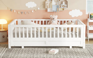 English Elm Twin Size Platform Bed With Guardrails - Solid Wood Frame, Convertible Design For Growing Kids & Guests W1580S00239-GIGA