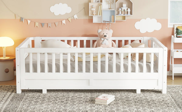 English Elm Twin Size Platform Bed With Guardrails - Solid Wood Frame, Convertible Design For Growing Kids & Guests W1580S00239-GIGA