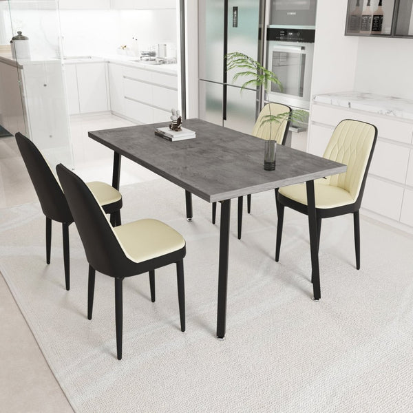 English Elm 55.12-70.87" Expandable Dining Table Set Seats 6 with Pu Upholstered Chairs Black Metal Legs Beige+Grey,Black W2189S00913