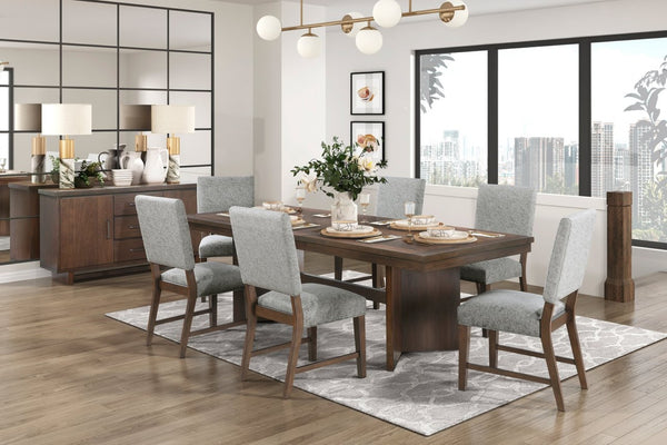 English Elm Walnut Modern Farmhouse Dining Set - 7Pc Table With Self-Storing Leaf & 6 Upholstered Chairs B011S01380-GIGA
