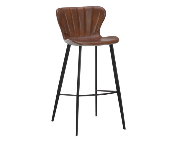Sunpan Arabella Mid-Century Modern Bar Stool with Clamshell Tufting and Stylish Black Steel Legs Bravo Cognac / November Grey