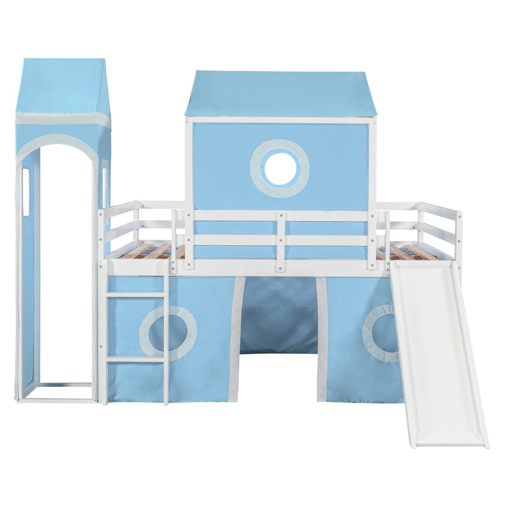 English Elm Full Size Castle Loft Bed with Slide Pink Tent Tower Pinewood Kids Play Frame LT000771AAC-1
