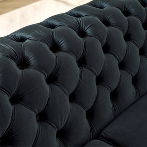 English Elm 106 Inch Velvet Tufted Chesterfield Sectional with Gold Steel Legs for Large Living Rooms Black W1191S00046