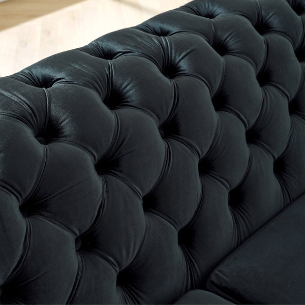 English Elm 106 Inch Velvet Tufted Chesterfield Sectional with Gold Steel Legs for Large Living Rooms Black W1191S00046