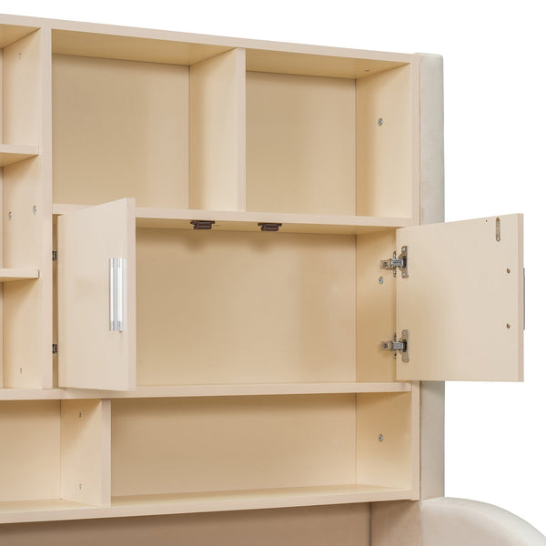 English Elm Twin Upholstered Daybed with LED Armrest Lighting, Hidden Storage Shelves & Lift-Up Pull-Out Trundle Beige SF000198AAA