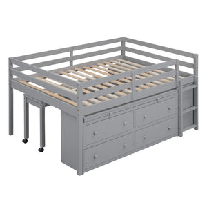 English Elm Full Size Kids Loft Bed Pinewood Frame Dual Study Desks Drawers and Open Shelving Gray LT000369AAE