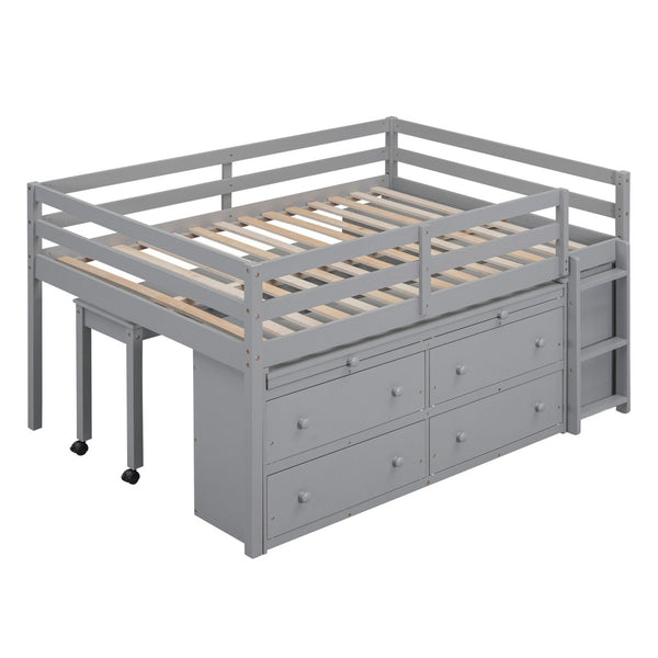 English Elm Full Size Kids Loft Bed Pinewood Frame Dual Study Desks Drawers and Open Shelving Gray LT000369AAE