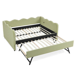 English Elm Full Size Gingham Linen Daybed with Wave Backrest Trundle and Usb Charging Port Green W1413S00139