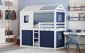English Elm Twin Treehouse Bunk Bed Solid Pine Playhouse Frame with Cozy Canvas Tent Hideaway LT000379AAC-1