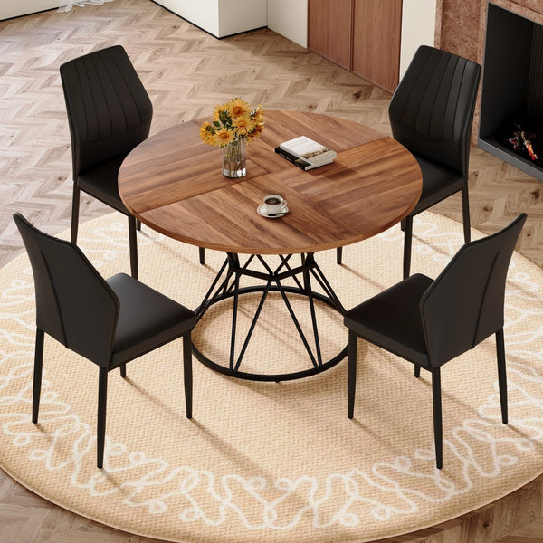 English Elm Table and Chair Set Walnut Round Dining with Hourglass Base Four Fabric Seats Walnut+Black W1151S04855