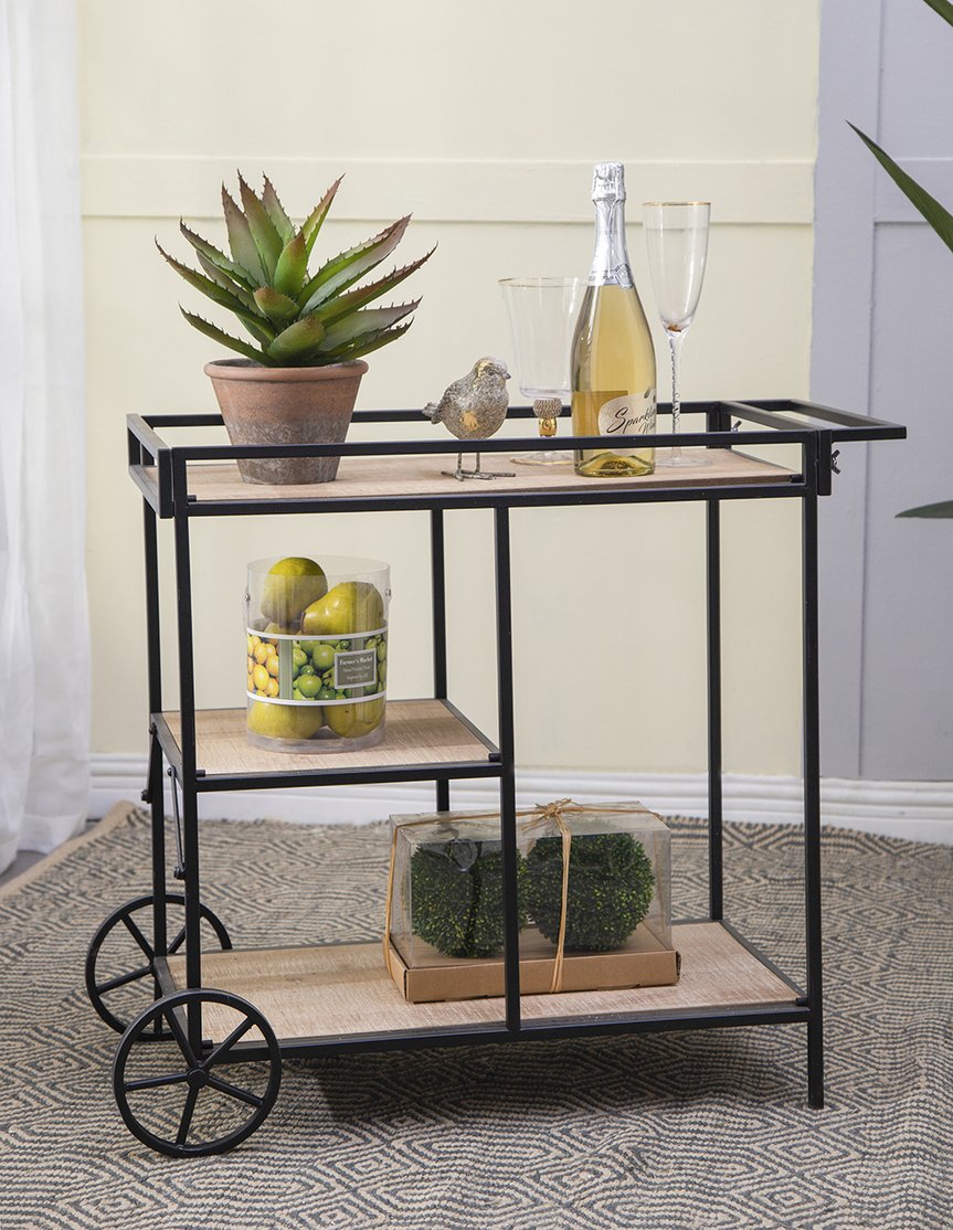English Elm 32.3x15.7x26.8" Modern Bar Cart with 3 Wooden Tiers, Black Metal Frame & Rear Wheels for Easy Mobility W2078P180762