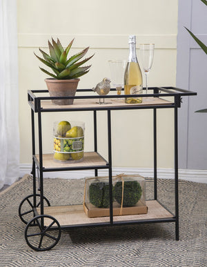 English Elm 32.3x15.7x26.8" Modern Bar Cart with 3 Wooden Tiers, Black Metal Frame & Rear Wheels for Easy Mobility W2078P180762