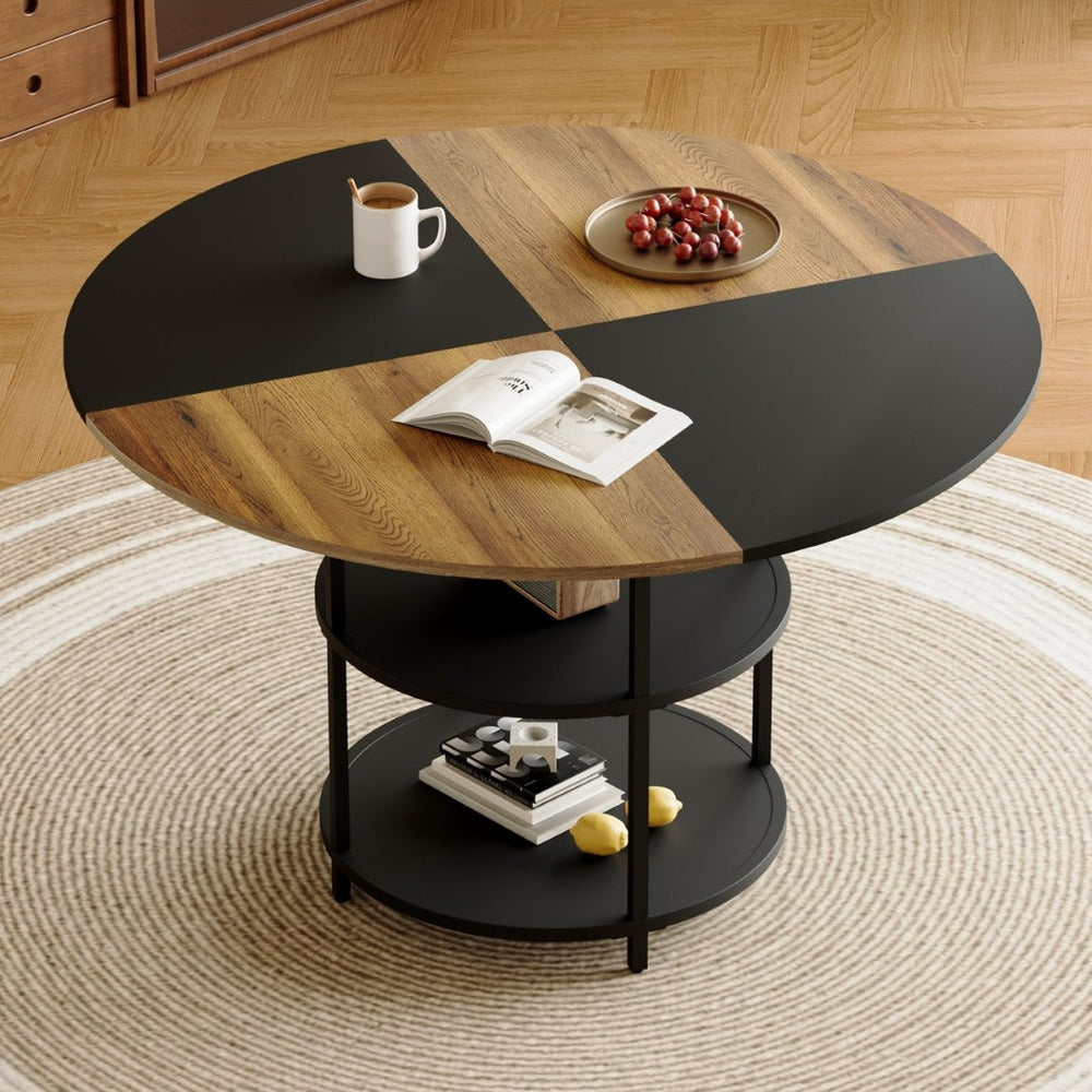 English Elm 47.3-inch Round Dining Table Geometric Wood Black Mdf Top with Built-in Storage Shelf W1151P268732