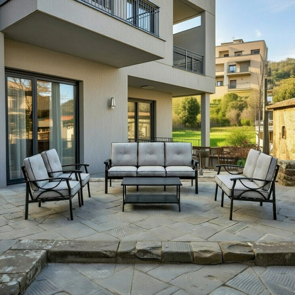 English Elm 5-piece Outdoor Conversation Set Steel Frame Patio Sofa Loveseat Chairs Table Grey+Black B082S00132