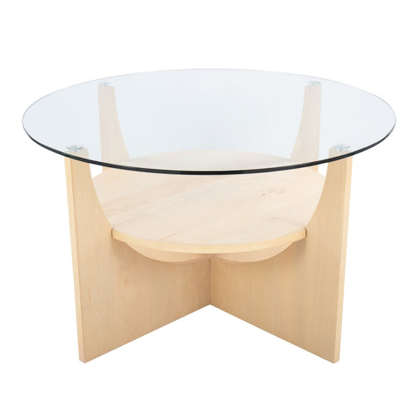 English Elm U-Shaped Modern Coffee Table With Natural Wood & Clear Glass – Stylish Centerpiece & Storage Solution B202P223314-GIGA