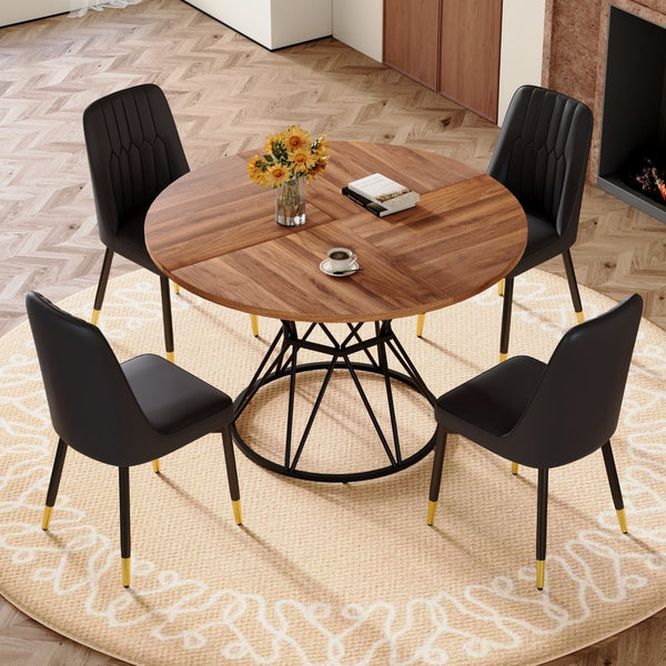 English Elm Table and Chair Set Round Walnut Mdf Top Hourglass Base with Four Pu Leather Seats Walnut+Black W1151S04837
